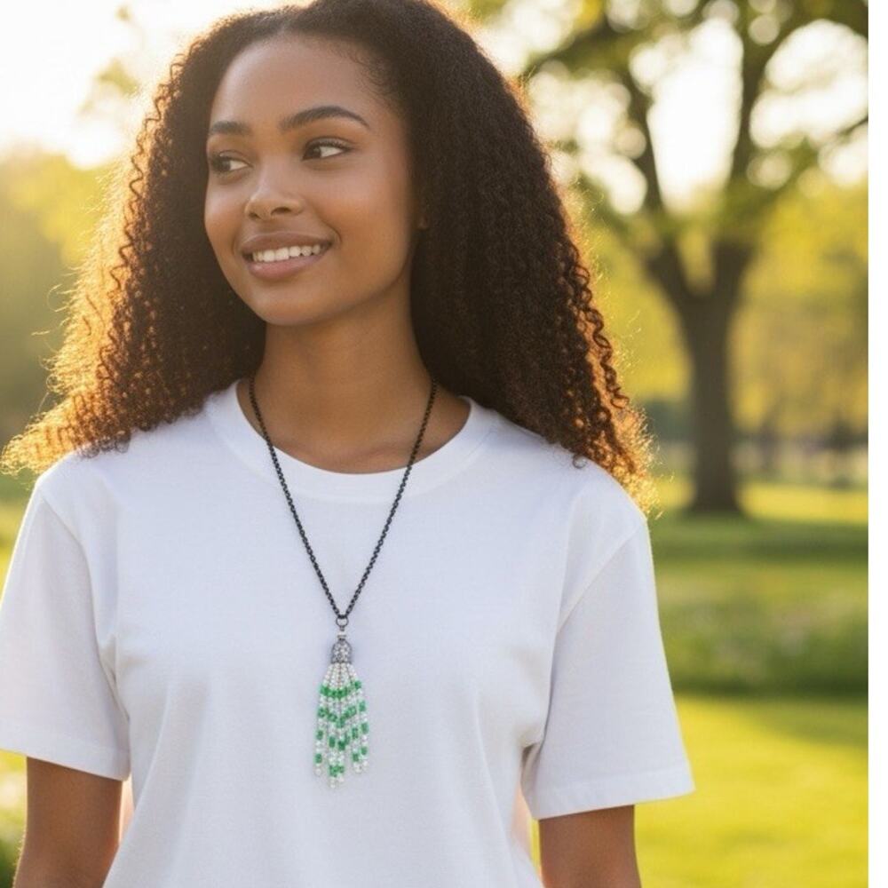 Beaded Tassel Chain Necklace Long White Green Beads Boho Beach 30”